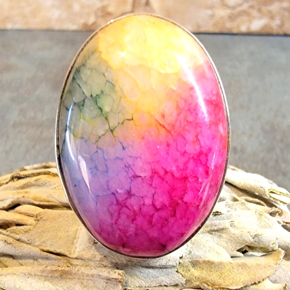Vintage Jewelry - Native Solar Quartz Gemstone Ring 7.75 Sterling Silver 925 Boho Mod Gypsy Tribal
